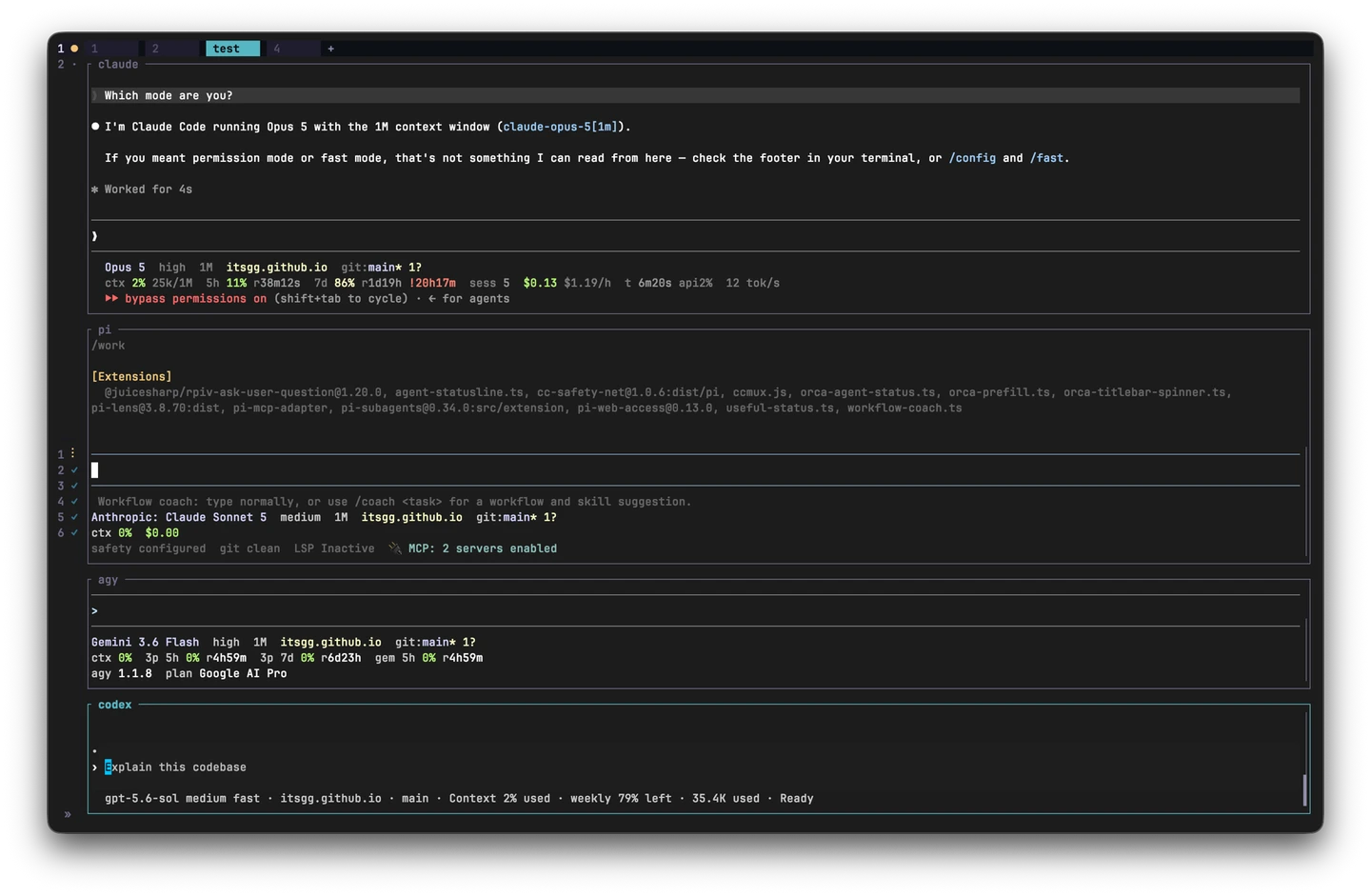 Four coding agents running in one terminal, each drawing its own status bar