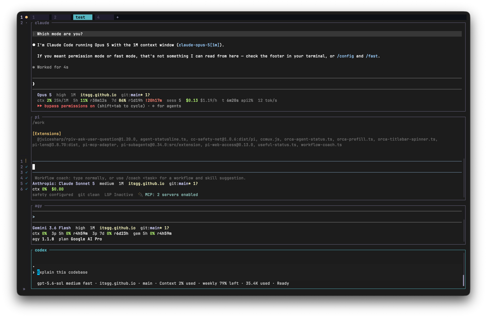 Four coding agents running in one terminal, each drawing its own status bar