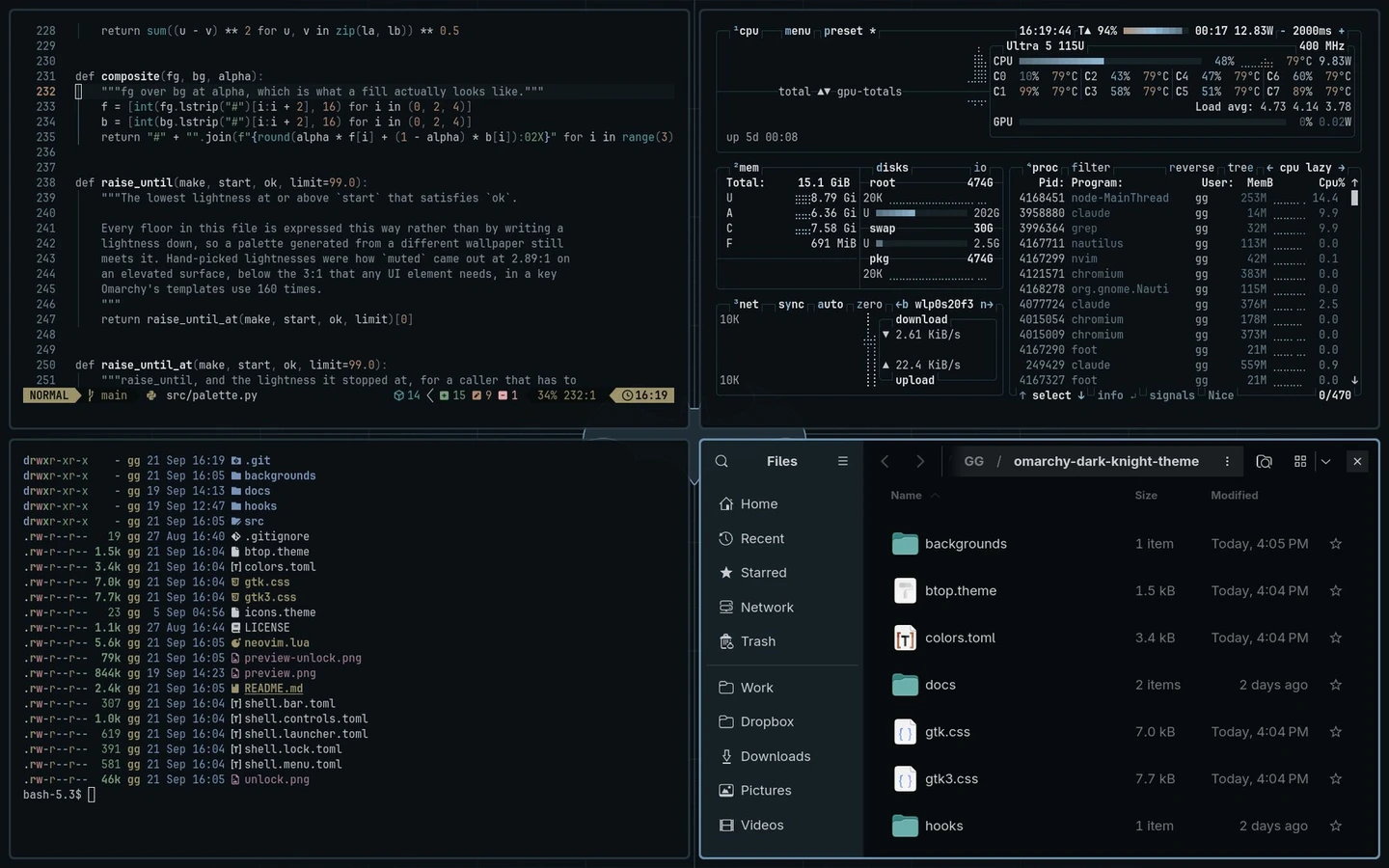 The Dark Knight theme: Neovim, btop, a shell and the file manager, all on one blue-grey ramp