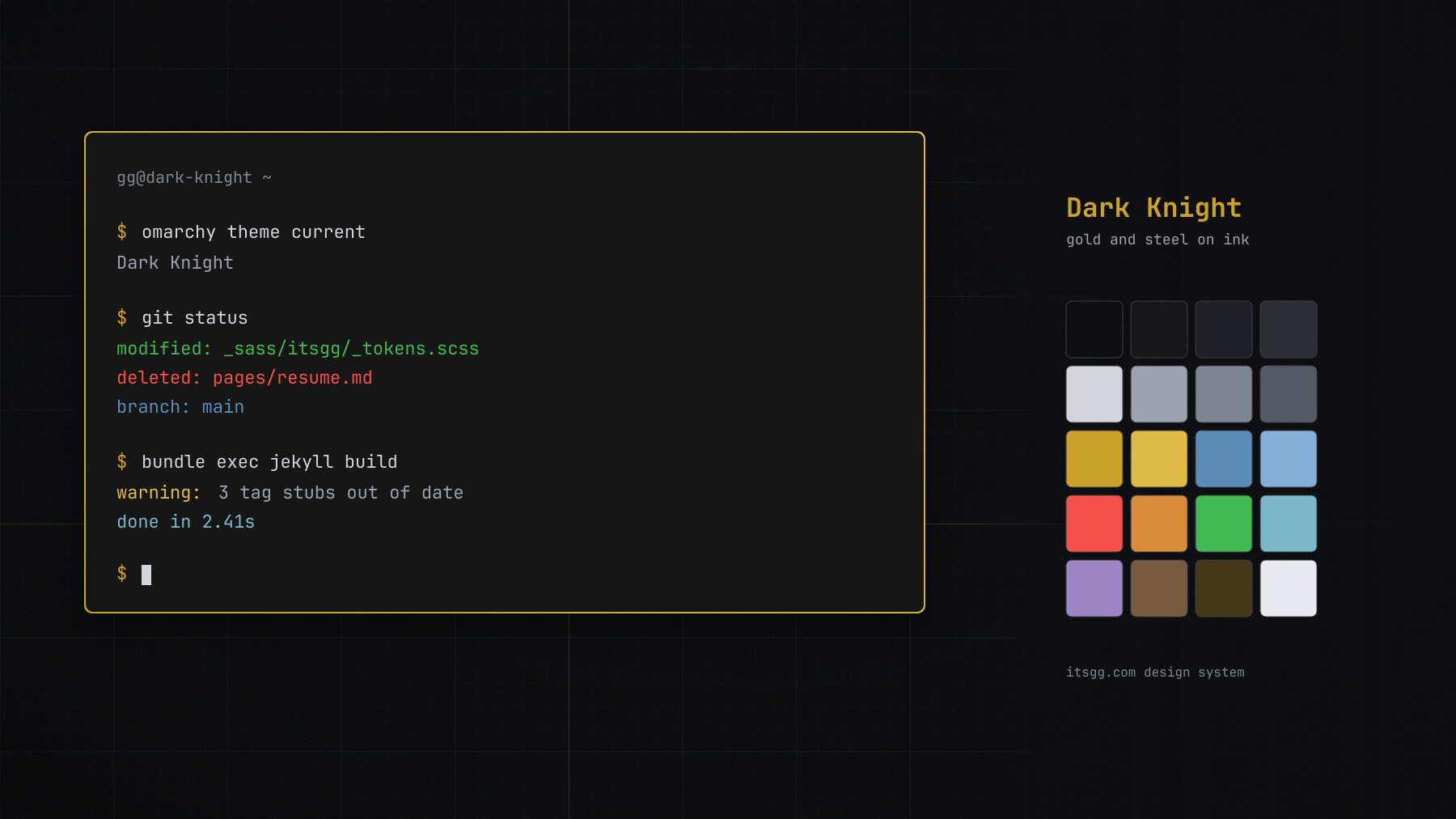 The Dark Knight theme: a terminal window and the full palette over the hairline-grid wallpaper