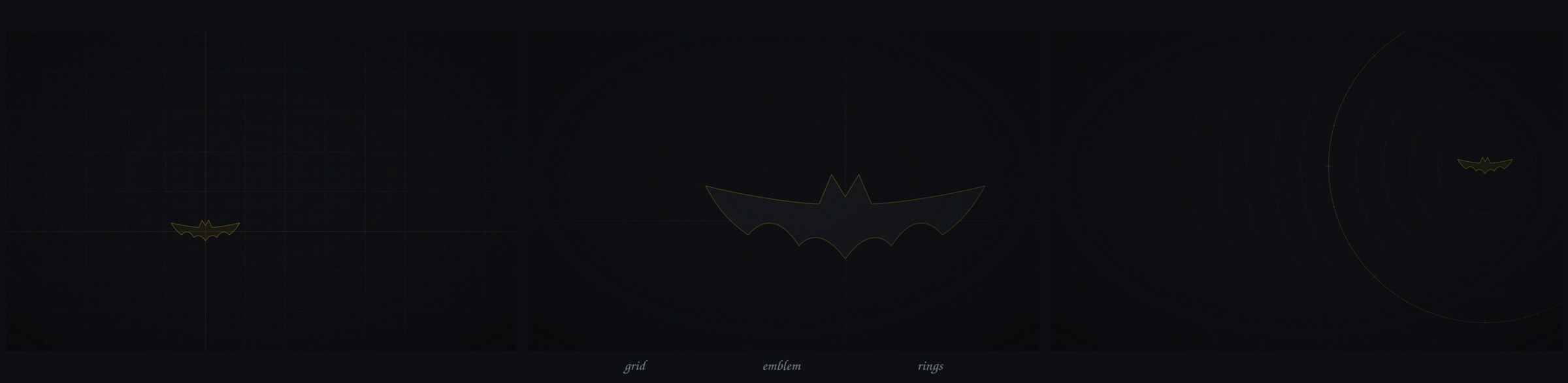 The three wallpapers: a hairline grid with gold axes, the emblem as a dark mass with a gold rim, and a ring sweep
